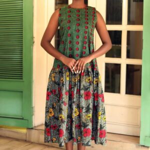 CONTRAST SLEEVLESS PRINT TEALENGTH DRESS